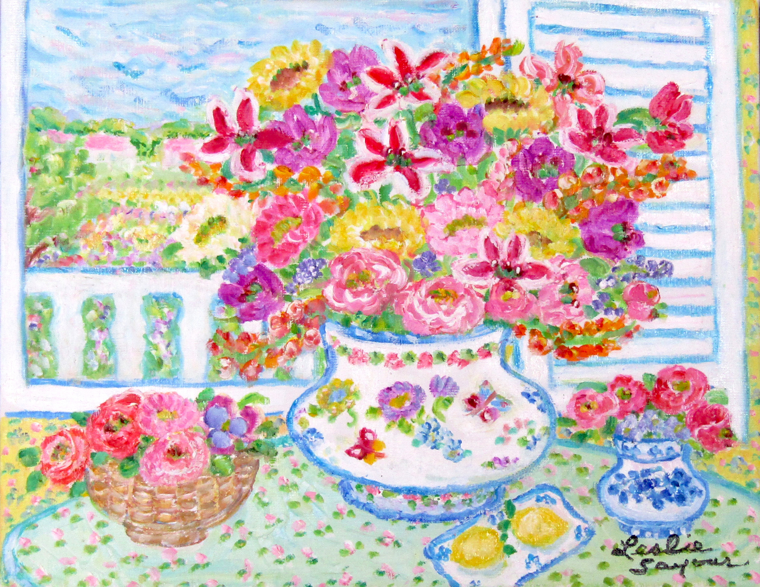 値下げヒラリーメイヤー☆窓辺のピンクの花 Art Pond｜絵画